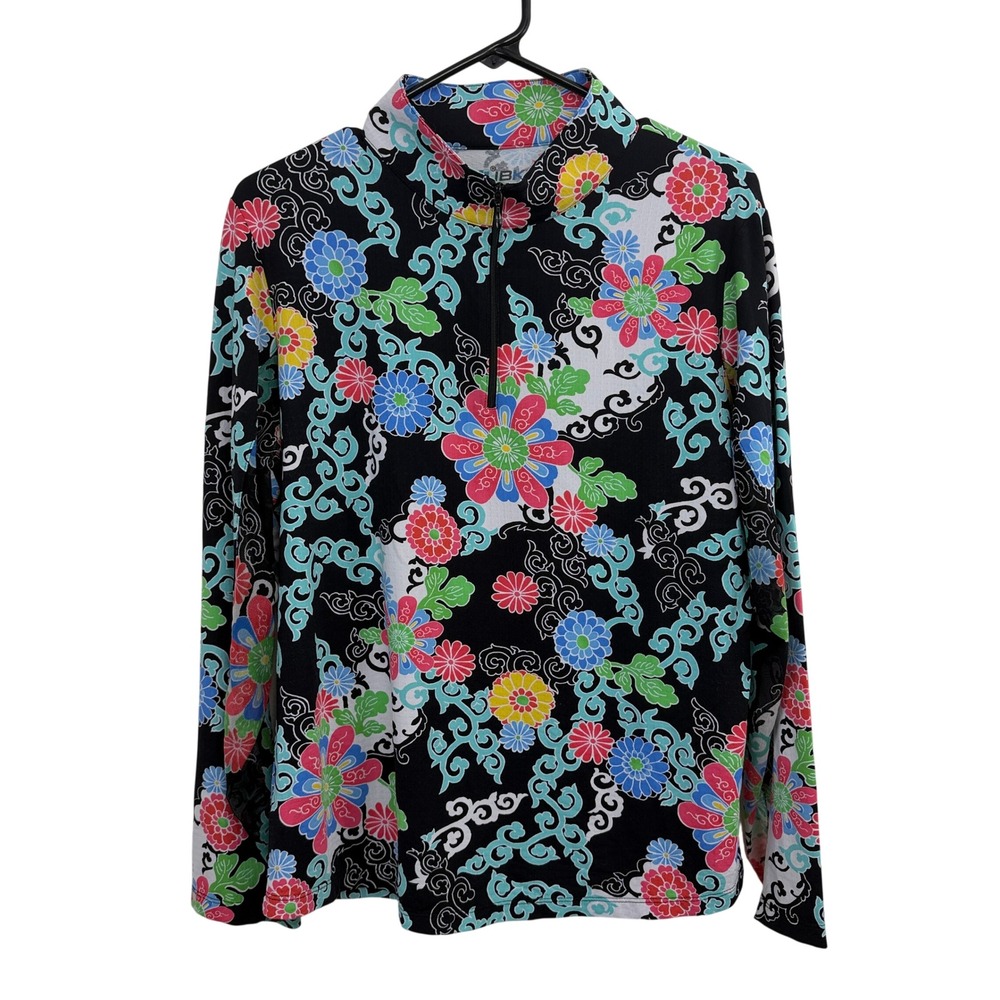 IBKÜL Top Womens XL Black Floral Print Quarter Zip Long Sleeve Sun Shirt UPF 50+